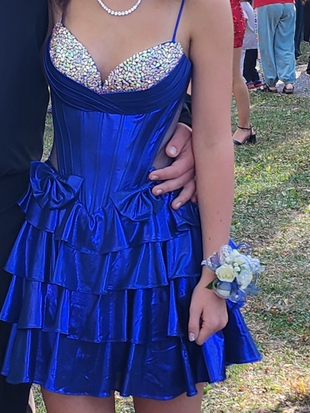 Royal Blue Satin Ruffle Mini Dress with Crystal-Embellished Bust